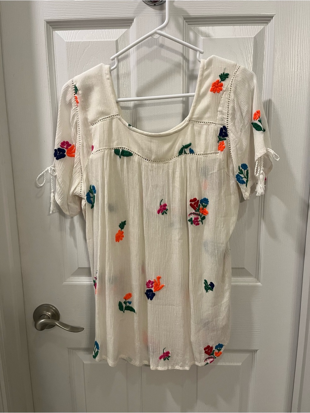 Cream Embroidered Floral Peasant Blouse